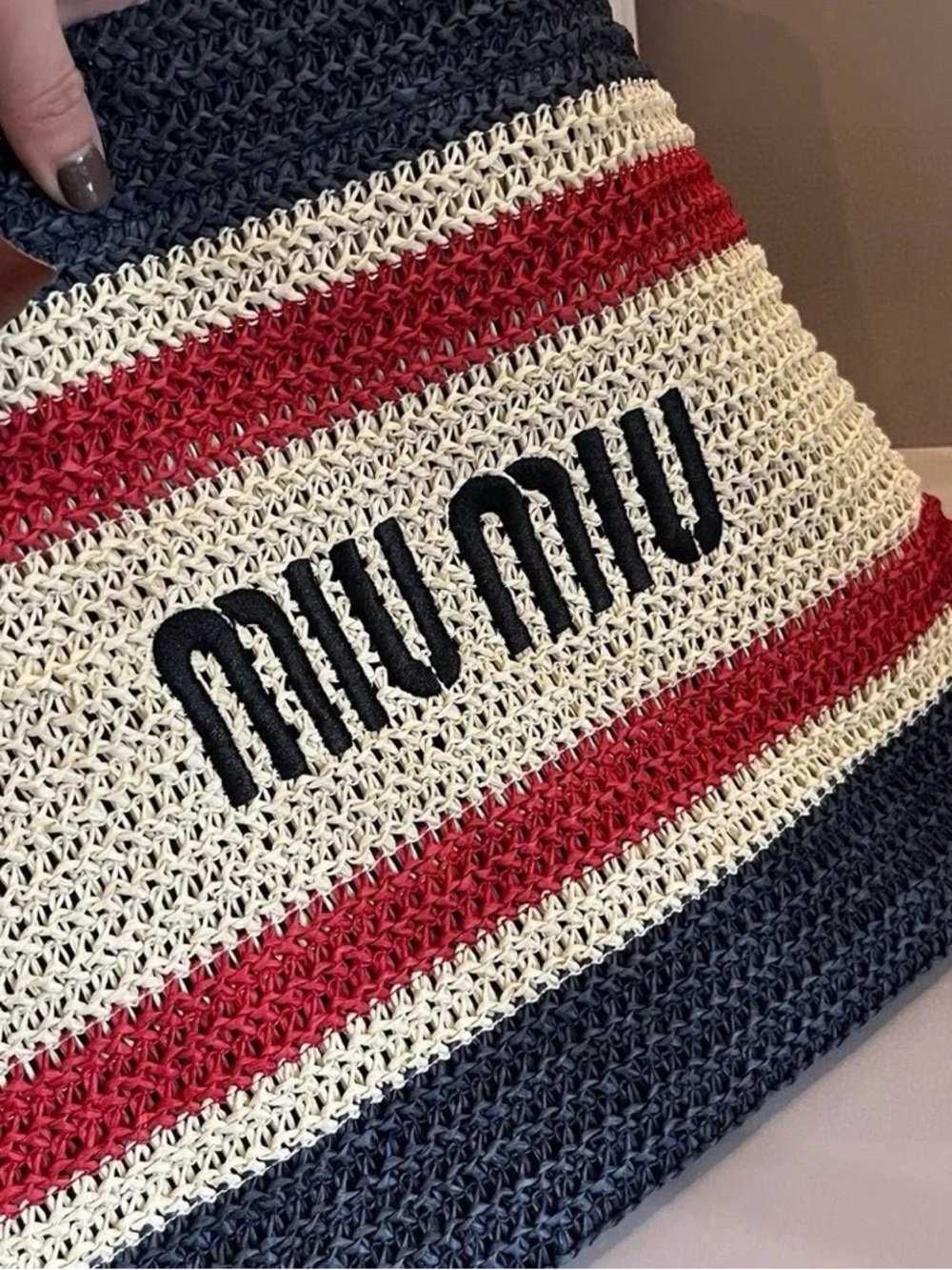 Miu Miu Navy, Red and Cream Striped Woven Tote - Picture 6 of 8
